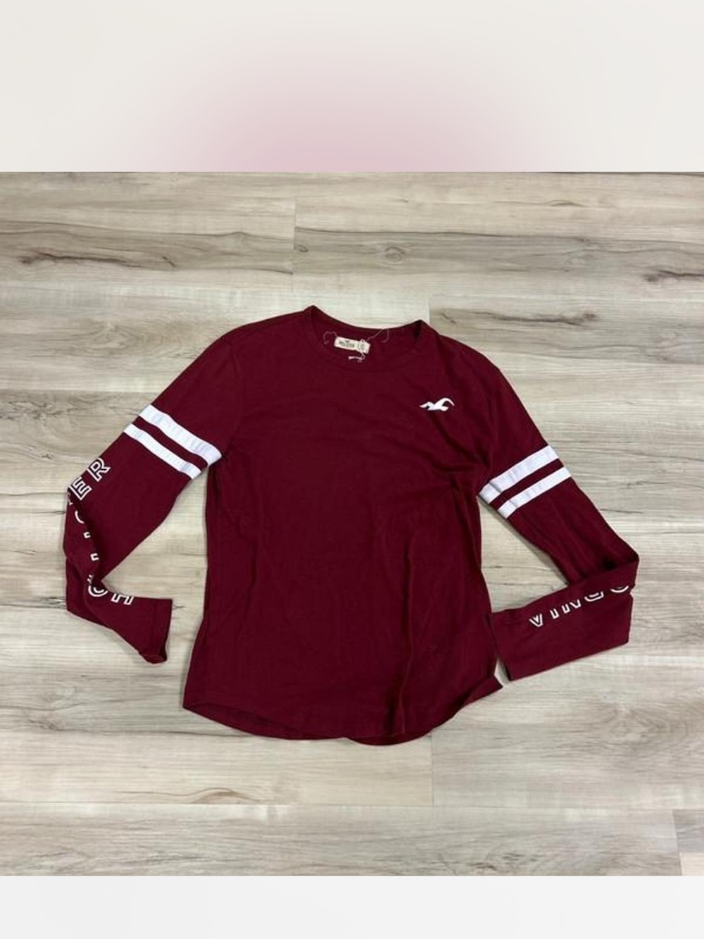 Hollister Burgundy Long Sleeve Tee with White Stripe Accents